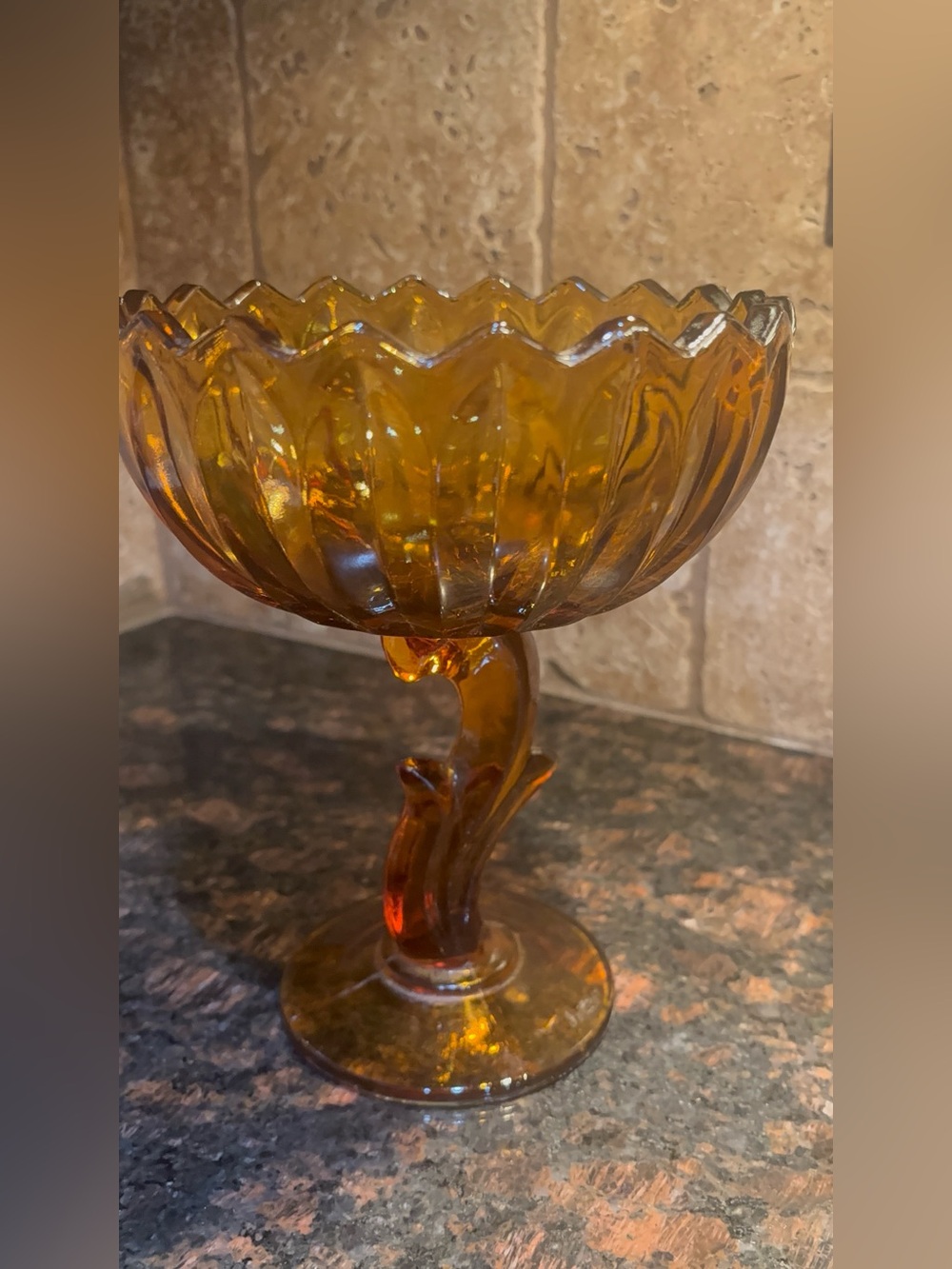Vintage Indiana Glass Amber Lotus Blossom Pedestal Compote
